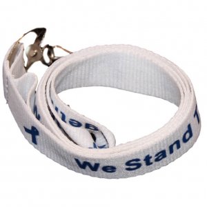 White lanyard with blue "We Stand Together" text and blue awareness ribbons