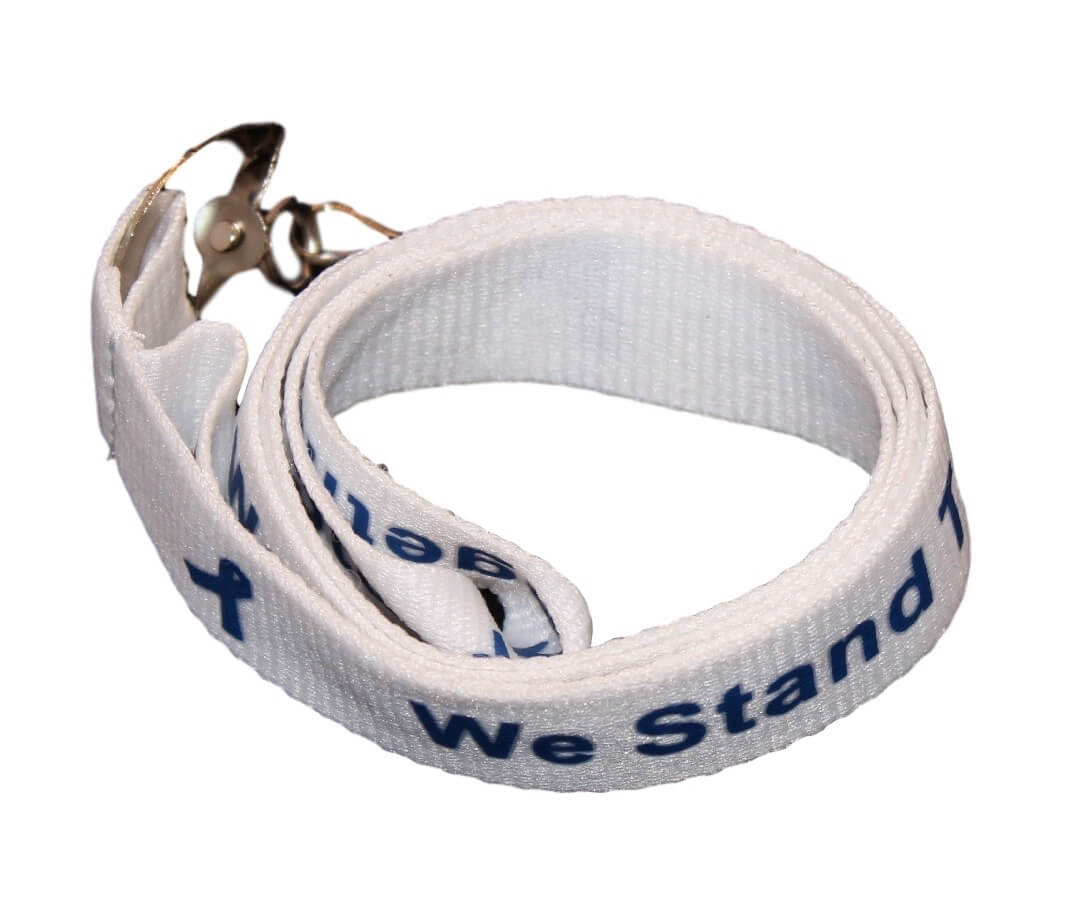 White lanyard with blue "We Stand Together" text and blue awareness ribbons
