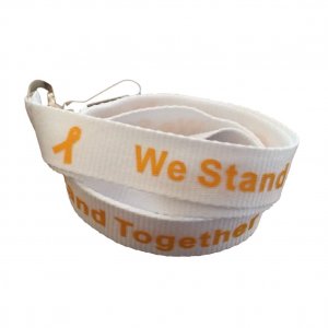 White lanyard with gold "We Stand Together" text and gold awareness ribbons