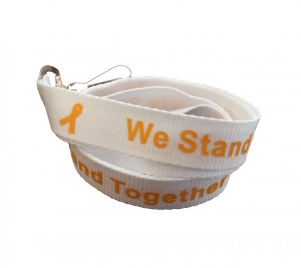 White lanyard with gold "We Stand Together" text and gold awareness ribbons