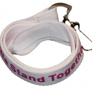 White lanyard with lavender "We Stand Together" text and lavender awareness ribbons