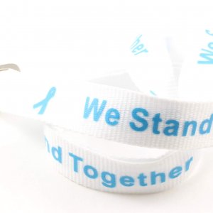 White lanyard with light blue "We Stand Together" text and light blue awareness ribbons