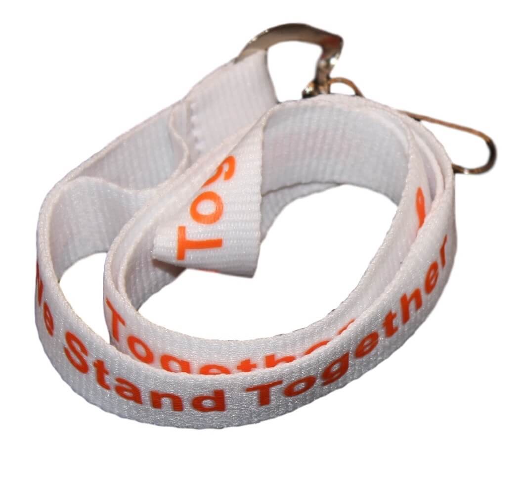 White lanyard with orange "We Stand Together" text and orange awareness ribbons