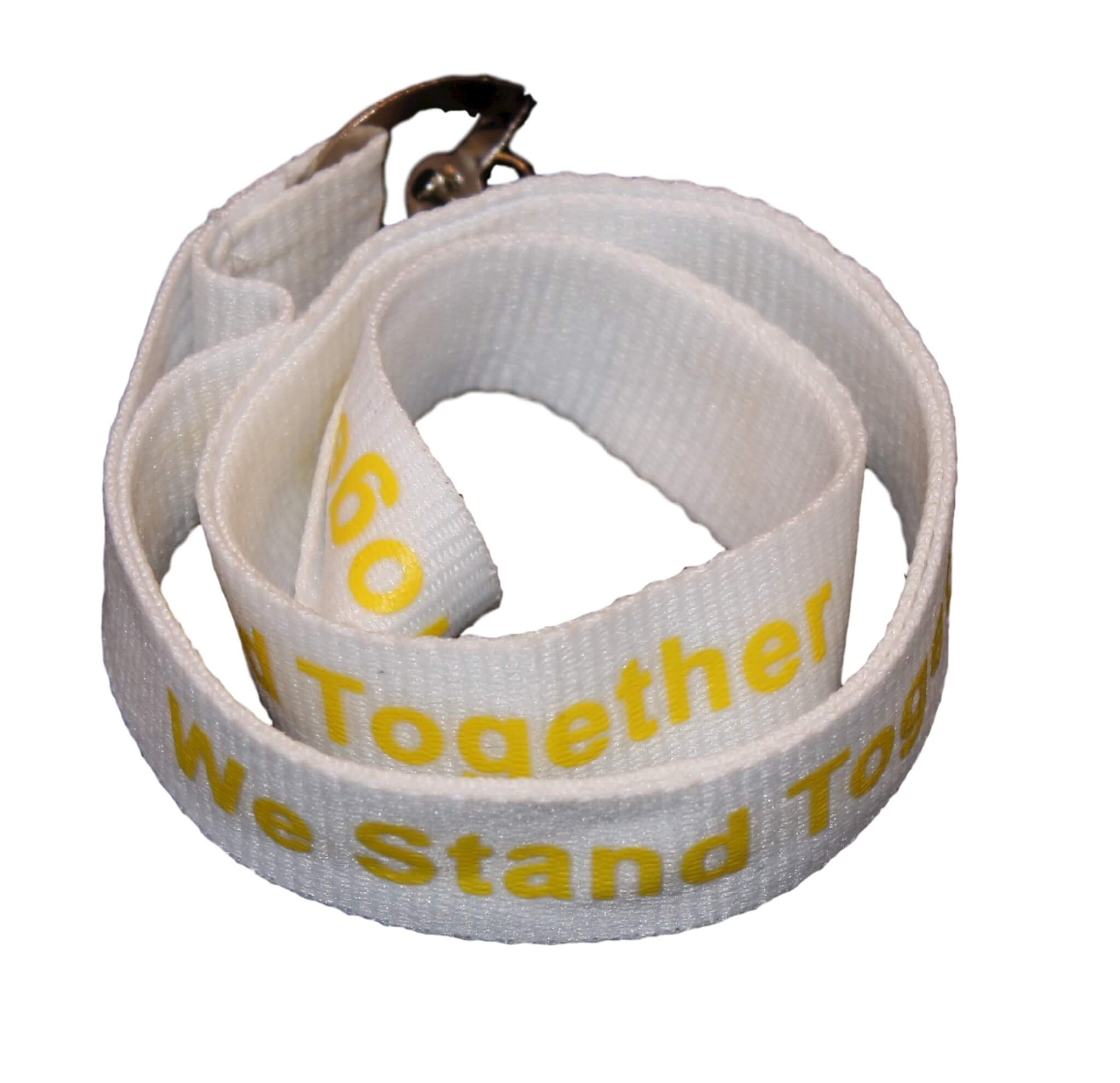 White lanyard with yellow "We Stand Together" text and yellow awareness ribbons