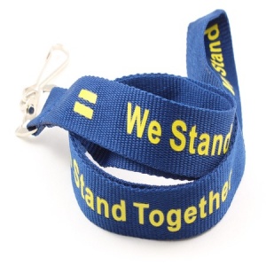 Blue lanyard with yellow "We Stand Together" text and yellow equality symbols