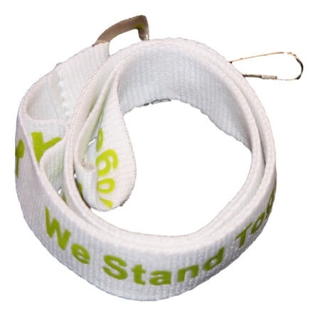 White lanyard with lime green "We Stand Together" text and lime green awareness ribbons