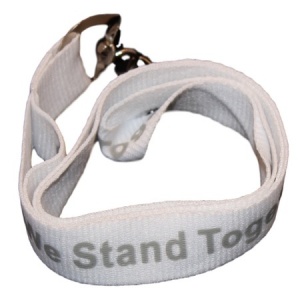 White lanyard with gray "We Stand Together" text and gray awareness ribbons